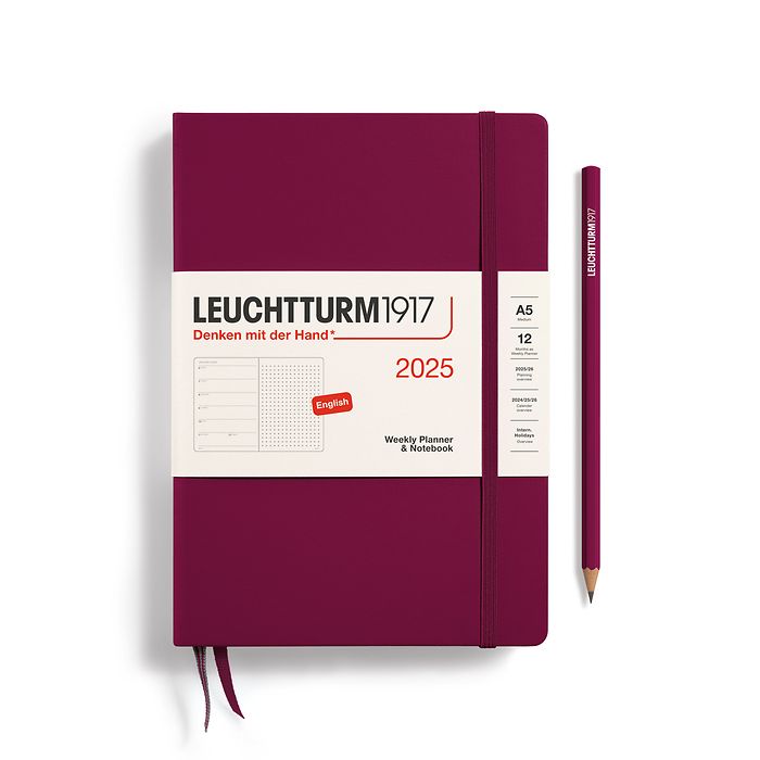 Weekly Planner & Notebook Dotted Medium (A5) 2025, Port Red, English