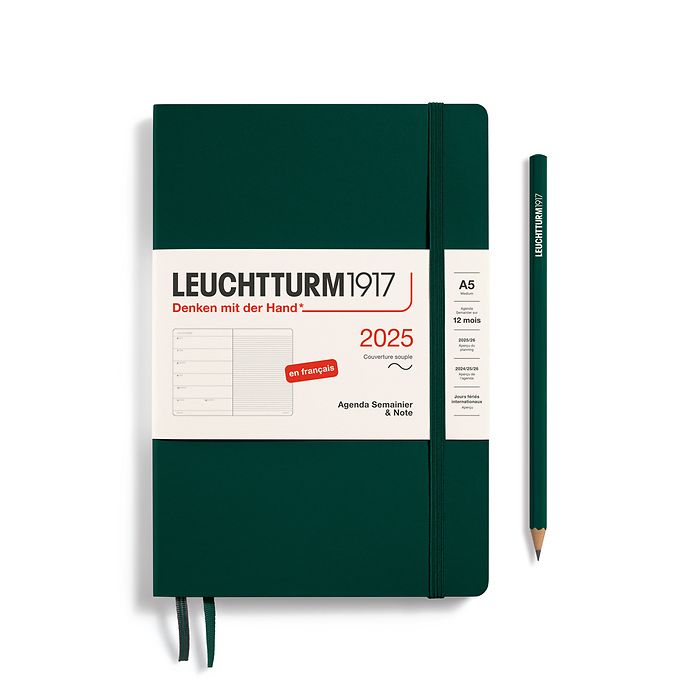 Weekly Planner & Notebook Medium (A5) 2025, Softcover, Forest Green, French