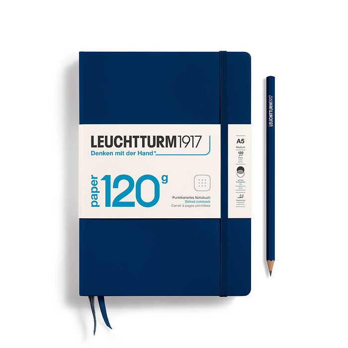 Notebook Medium (A5), 120g Edition, Hardcover, 203 numbered pages, Navy, dotted