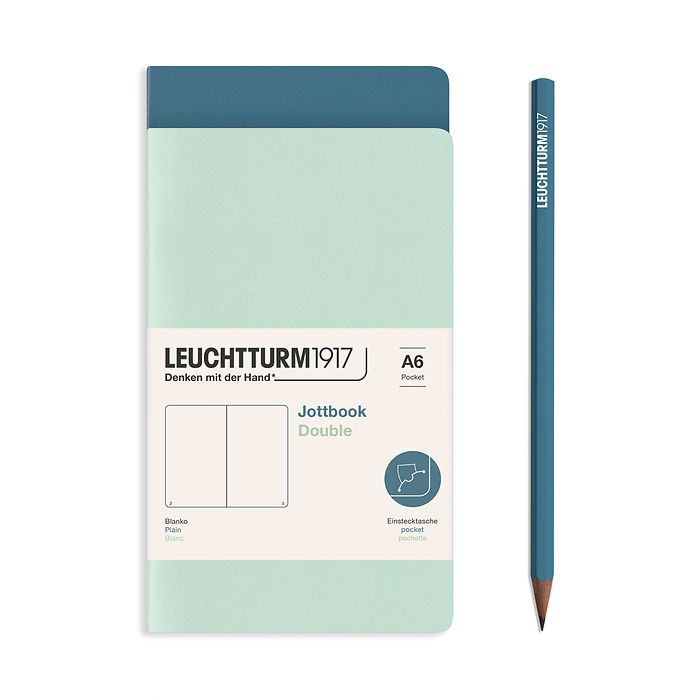 Jottbook (A6), 59 numbered pages, plain, Mint Green and Stone Blue, Pack of 2