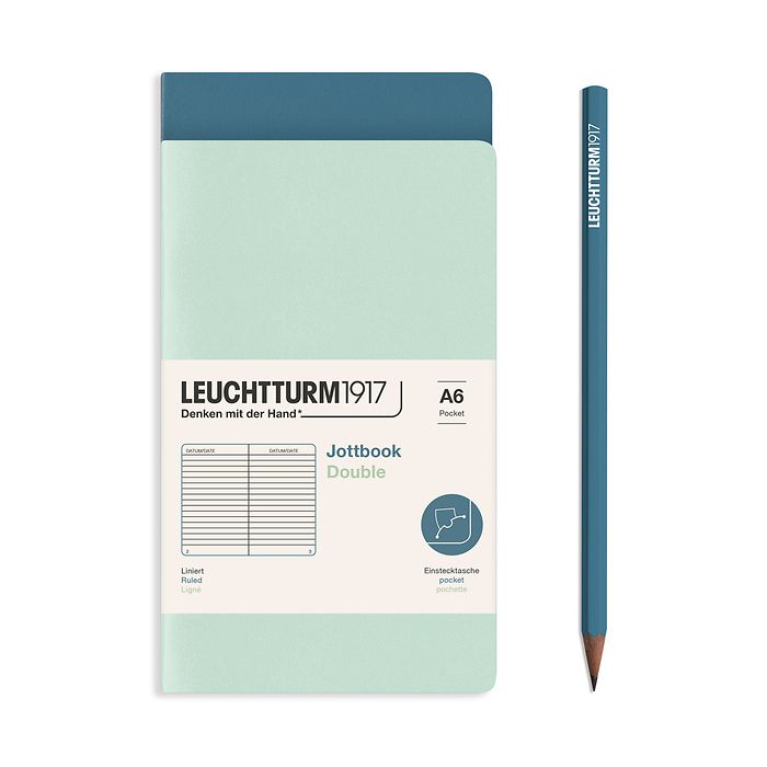 Jottbook (A6), 59 numbered pages, ruled, Mint Green and Stone Blue, Pack of 2